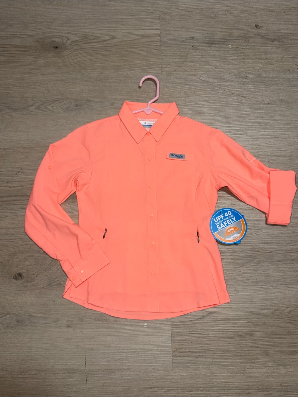 Columbia Girls Coral Utility Sun Shirt - Bright Coral Pink Sz Small (7/8)